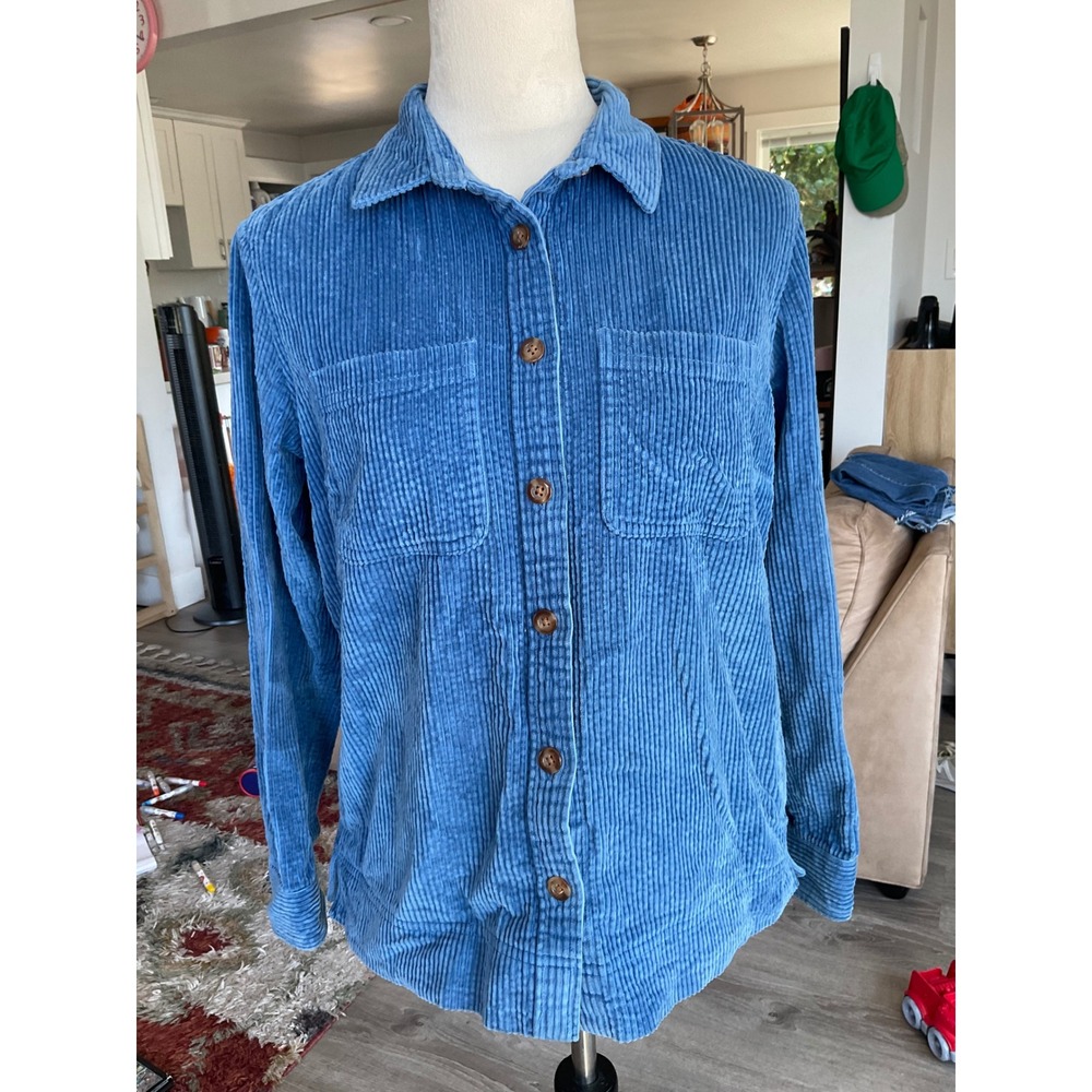 LL Bean Women Cobalt Blue Corduroy Shirt Jacket Button Down XS Petite